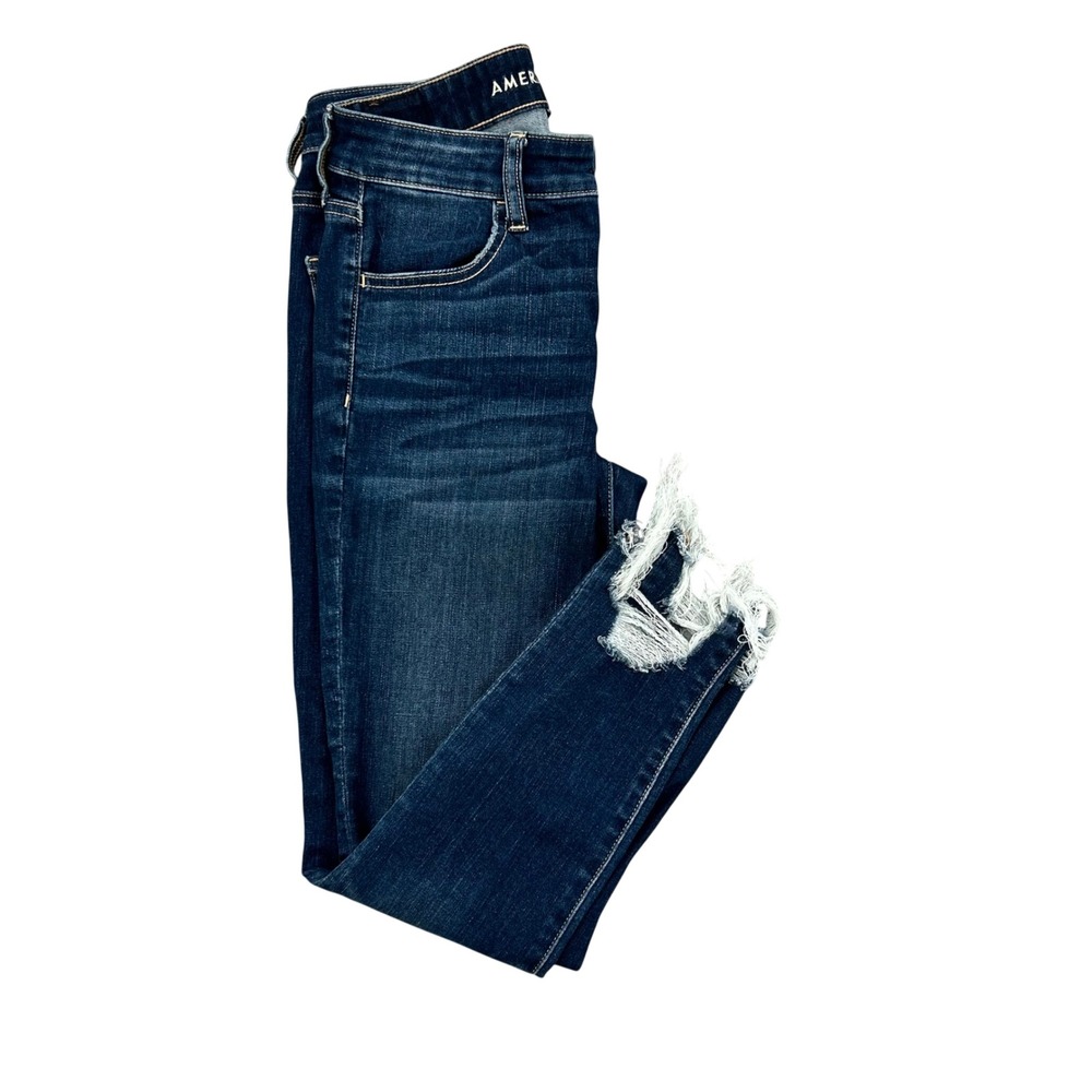American Eagle Hi-Rise Jegging Crop Jeans Dark Wash Frayed Step Hem Size 6 Reg‎